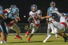 Springstead High’s Connor McCazzio , who had the game clinching 50 yard touchdown run , finds running room on this play Friday night versus home team Nature Coast. Photo by Joe DiCristofalo 9/8/23