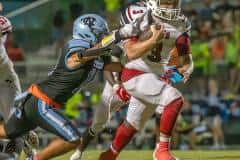 Springstead ,3, P.J. Class breaks this Nature Coast tackle on the way to an 18 yard touchdown. Photo by Joe DiCristofalo 9/8/23