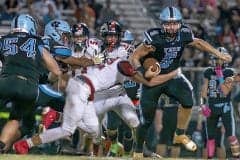 Springstead’s defense rallied to stop a scrambling Nature Coast Tech QB, 5, Jackson Hoyt on a third down to force a punt and set uptime game winning drive. Photo by Joe DiCristofalo 9/8/23