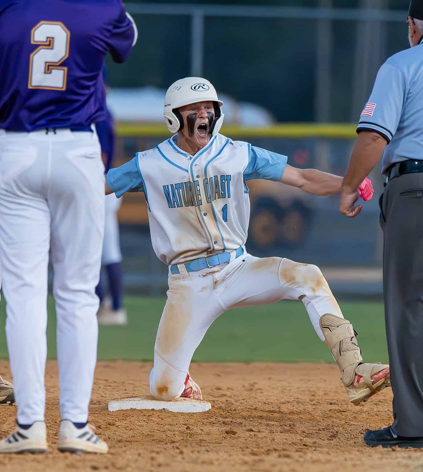 Nature Coast Tech’s, 1, Cody Wright reacts after hitting a double as the Sharks attempted to come back versus Hernando High in the FHSAA 4A Regional semifinal game. Photo by [Joseph Dicristofalo]