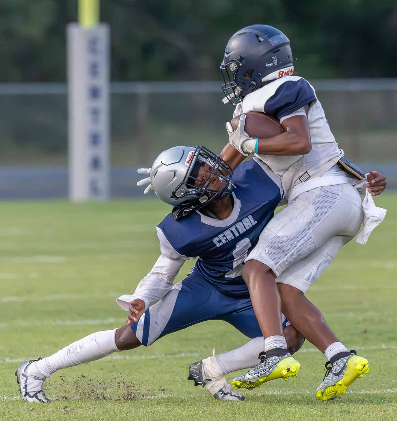 Central High’s, 1, Jacoby Graham makes an open field tackle during the game versus Wesley Chapel Friday at the Bear Den. Photo by [Joseph DiCristofalo]