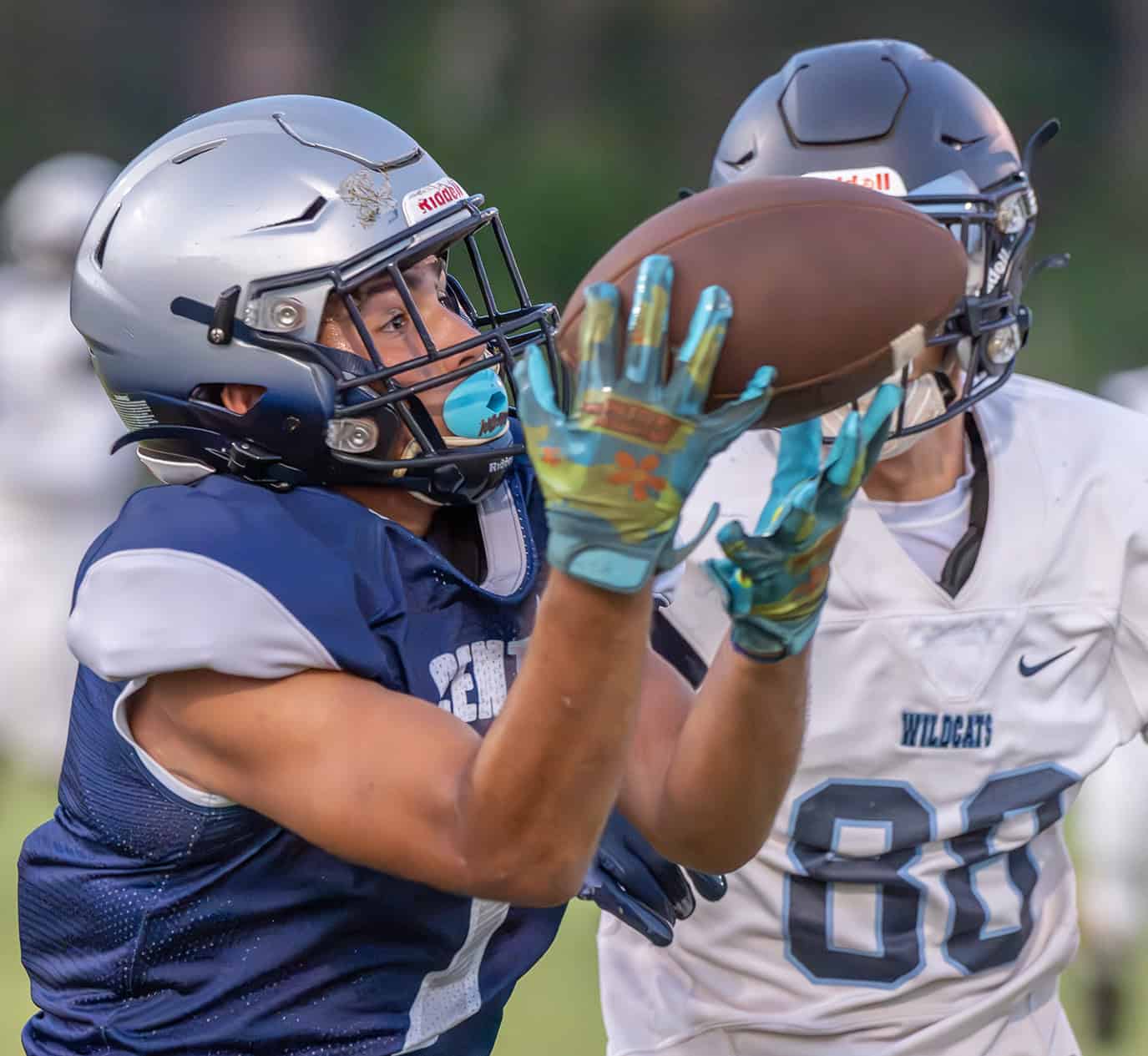 Central High’s Josiah Ojeda couldn’t quite make this over the shoulder catch versus visiting Wesley Chapel Friday at the Bear Den. Photo by [Joseph DiCristofalo]