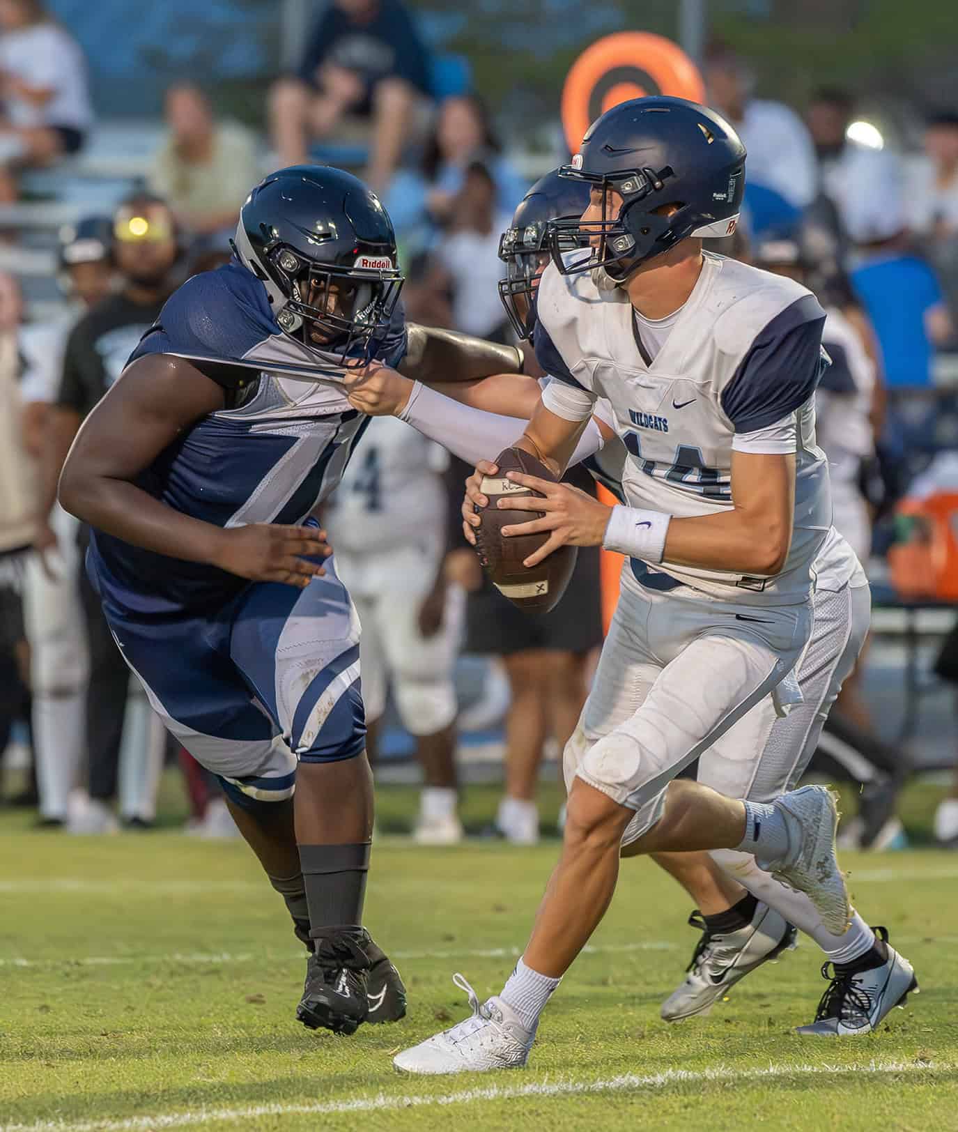 Central High’s 71, Amon Grimes pressures the Wesley Chapel QB Friday at the Bear Den. Photo by [Joseph DiCristofalo]
