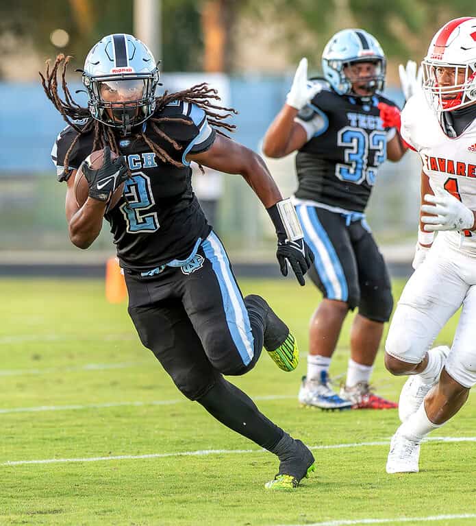 Nature Coast Tech, 2, Timothy “T3” Gaynor breaks lose for a big gain versus visiting Tavares High Friday in Brooksville. Photo by [Joseph DiCristofalo﻿]