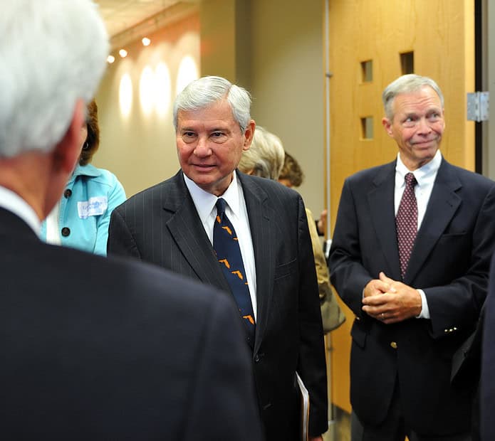 Graham (center), with former Florida Governor Buddy MacKay (right) at the dedication ceremony for Pugh Hall, home of the Graham Center for Public Service at the University of Florida [Wikipedia]