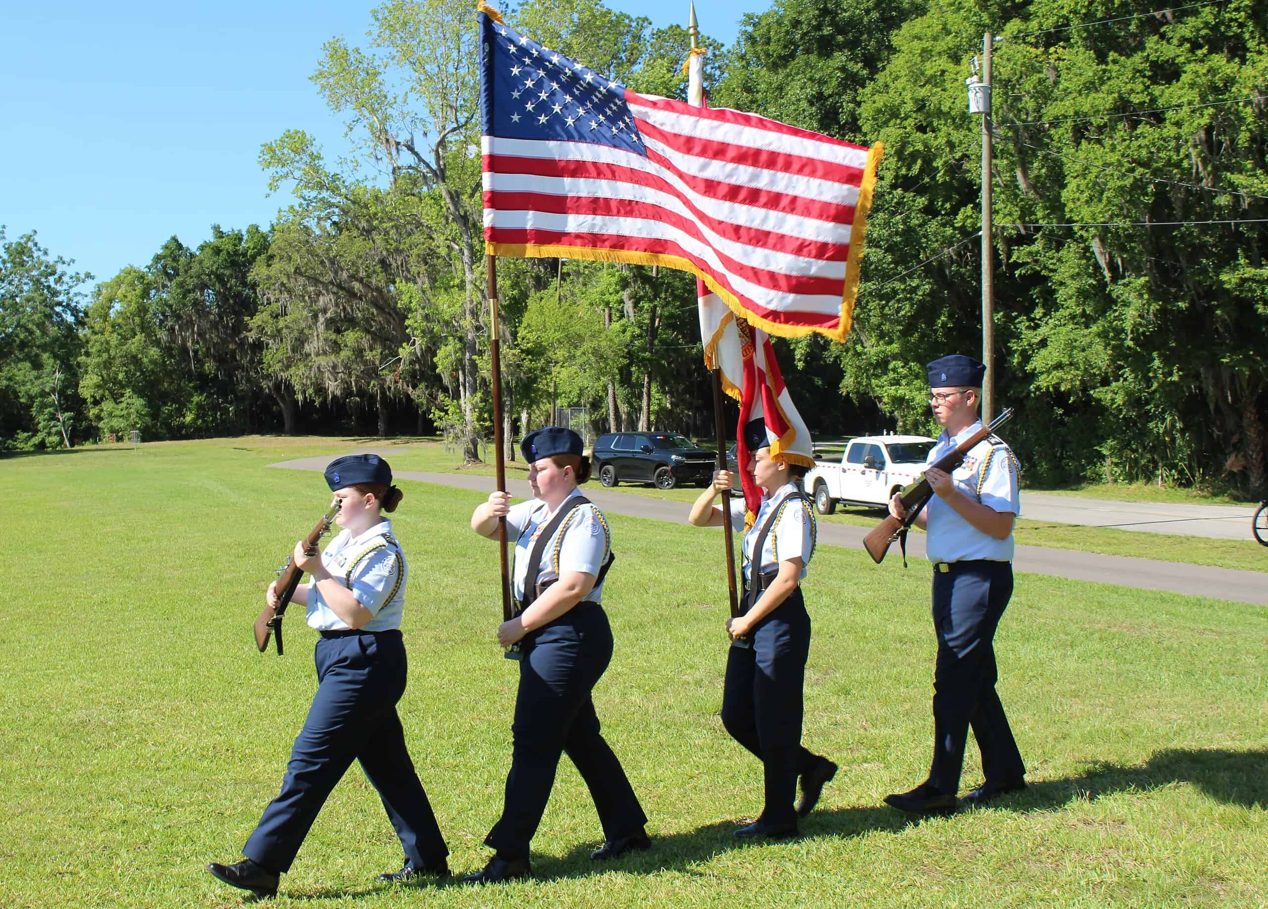Hernando High School's Air Force JROTC Color Guard presents the colors at Wednesday's ribbon cutting.