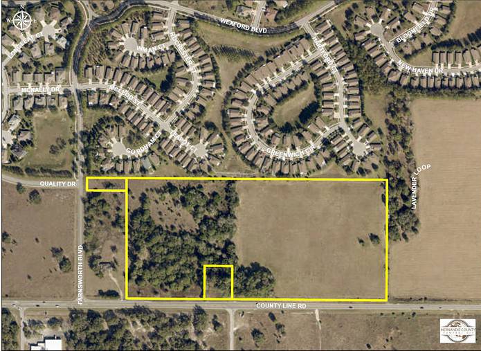 Aerial location map of property rezoned for senior apartments. [Credit: Hernando Co. Gov]