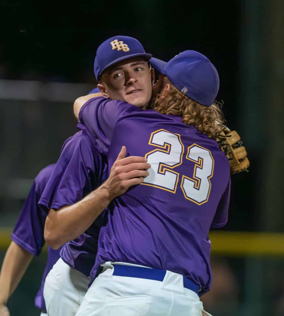 Hernando pitcher Michael Savarese gets congratulated by teammate Tyson Morgan after 6-0 win over Satellite High (FILE PHOTO) [Photo by Joseph Dicristofalo]
