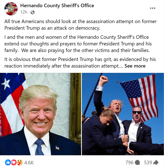 Sheriff Al Nienhuis reacts to Trump assasination attempt on social media.