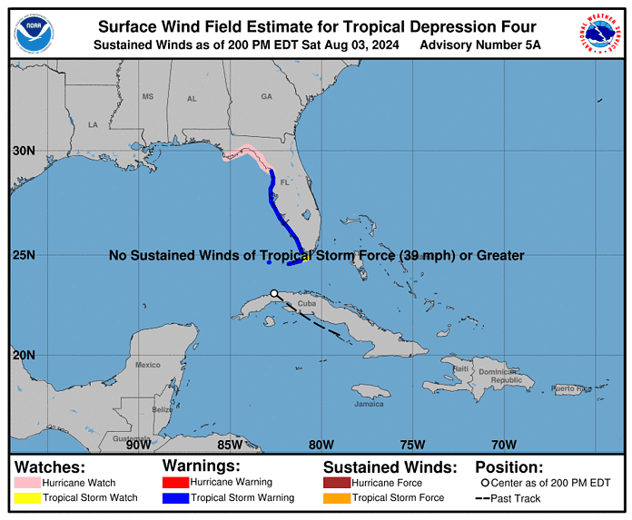 Tropical Depression Four 2 pm.m advisory Aug. 3, 2024 NOAA