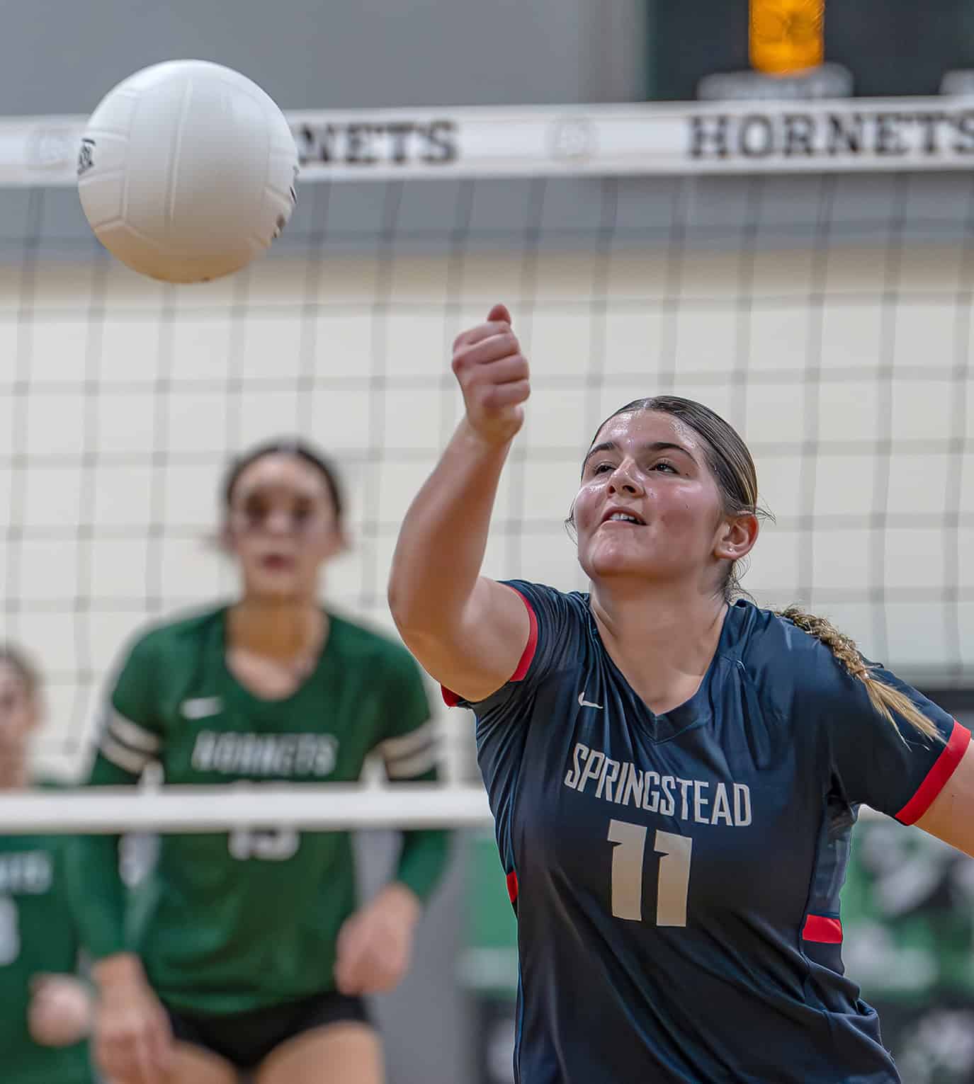 Springstead High's Mackenna Chambers, 11, keeps a volley going during Tuesday's game against Weeki Wachee High. (Photo by Joe DiCristofalo)