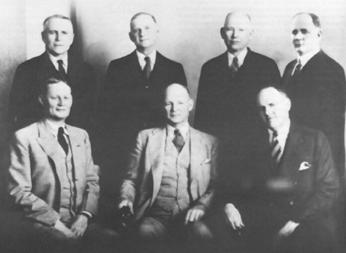 Standing (from left) are James McKay, John Wall, Frederick Eugene and Lipscomb Goodwin (Dick). Seated are Howell Tyson Jr., Thompson Mayo and Joseph Taliaferro. [Public domain photo]