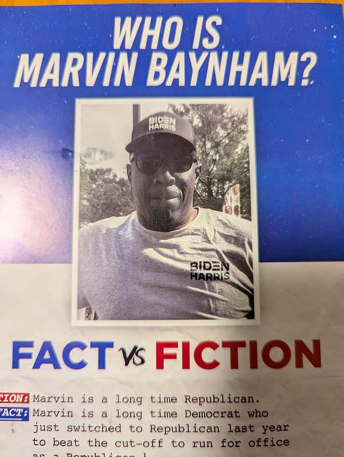 Tallahassee dark money group Voters Response distributed this political mailer with an AI generated photo of Marvin Baynham in a Biden Harris shirt and hat.