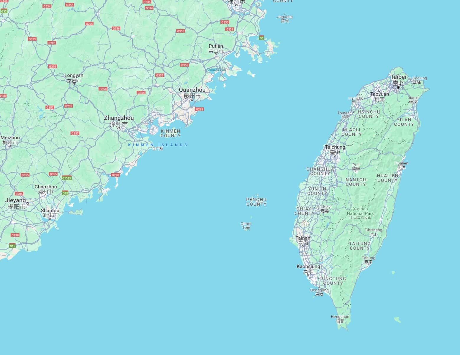 Circled on the map are Taiwan’s small islands of Matsu and Quemoy near mainland China. [Google Maps]