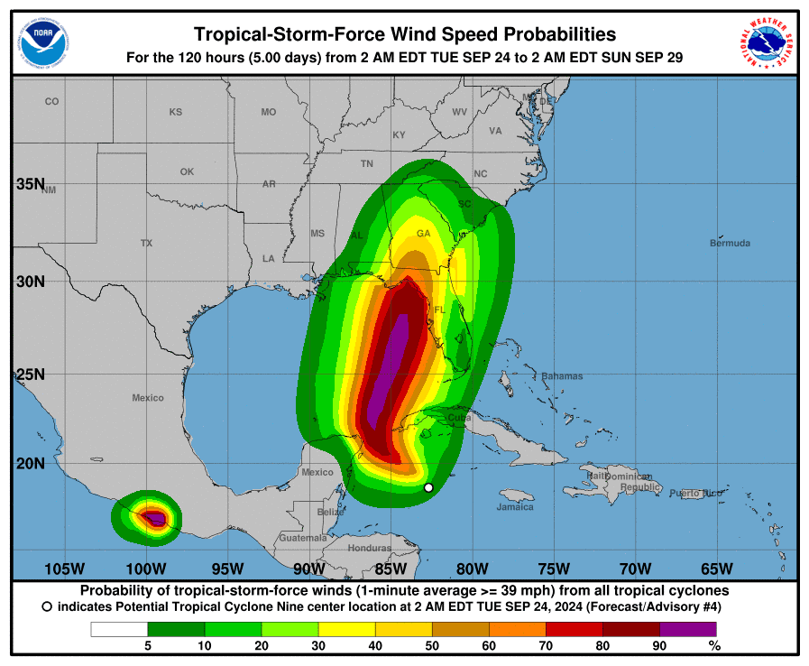 POTENTIAL TROPICAL CYCLONE NINE 9/24/2024 5AM tropical storm wind speed probabilities Credit: NOAA National Hurricane Center 