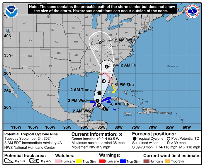 POTENTIAL TROPICAL CYCLONE NINE 9/24/2024 5AM probable path map Credit: NOAA National Hurricane Center