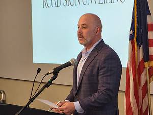 Florida Senator Blaise Ingoglia speaks at the Rush Limbaugh Way sign unveiling in Brooksville, Florida. [Credit: Austyn Szempruch]