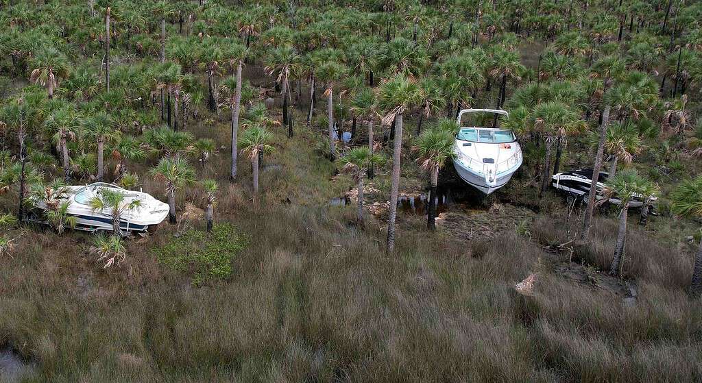 Three boats, still on their trailers, sit in a marsh after travelling over ½ mile from a Hernando Beach marina. [Credit: Mark Stone]