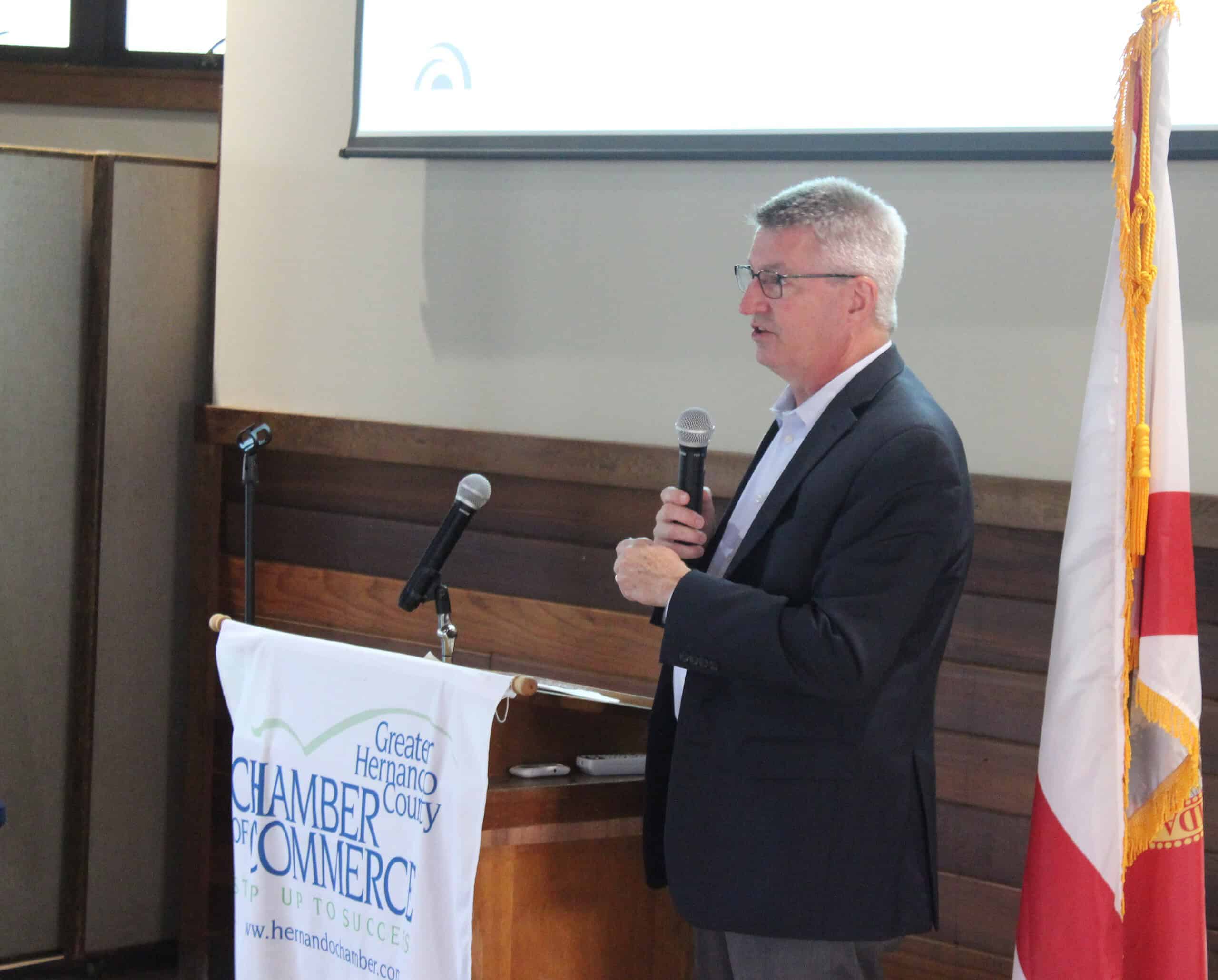 CFTB and LEAP Director Chuck Tiernan speaks about access to education during Wednesday's breakfast meeting. [Photo by Austyn Szempruch]