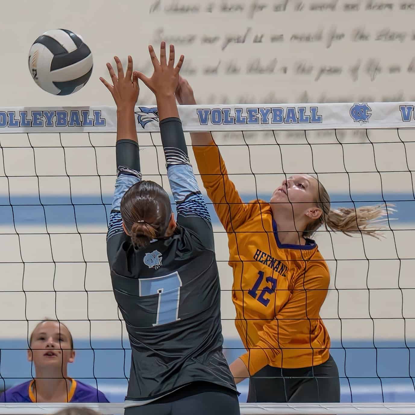 Hernando High, 12, Bailey Poe hits cross court against Nature Coast Tech ,7, Amanda Tirado Wednesday at NCT.  [Photo by Joe DiCristofalo]