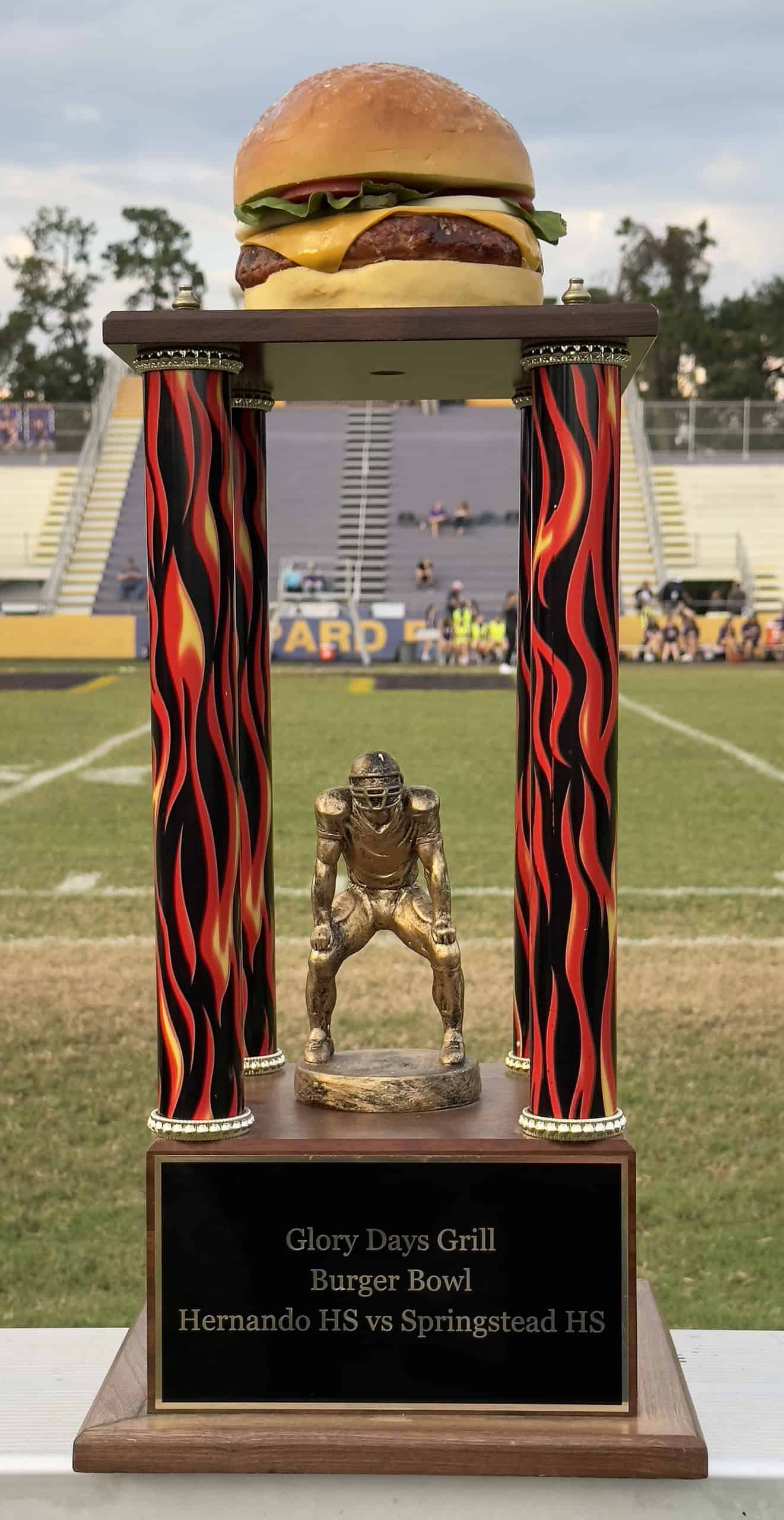 The "Glory Days Grill Burger Bowl" Trophy will stay with the Springstead Eagles following their 51-14 victory over the Leopards on Friday. [Photo by Joe DiCristofolo]