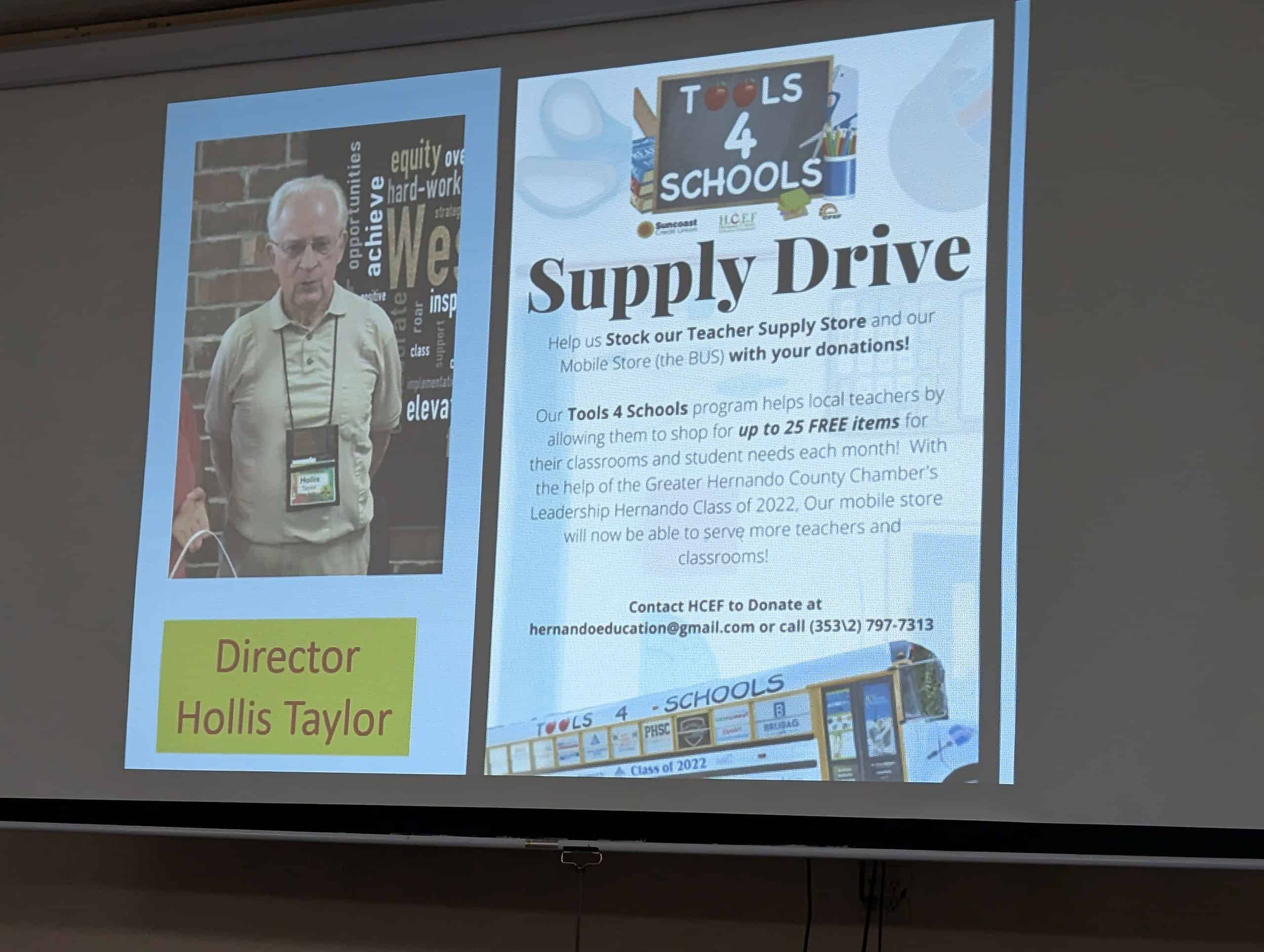 A recent presentation at HCC showing HCC Director Hollis Taylor and the details of the Tools 4 Schools Supply Drive the club participated in. [Photo Credit: Rocco Maglio]