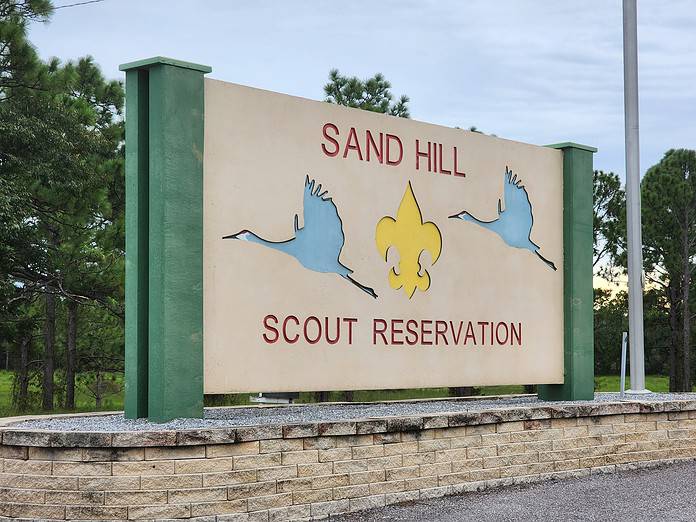 The sign out front for the Sand Hill Scout Reservation. [Credit: Austyn Szempruch]