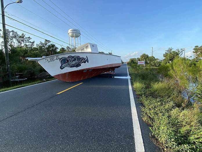 Boat displaced onto Shoal Line Blvd in Hernando Beach Sept. 27, 2024. Credit: HCSO