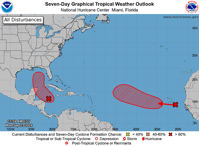 National Hurricane Center 7 Day Outlook Sept. 23, 2024 7:59 am.