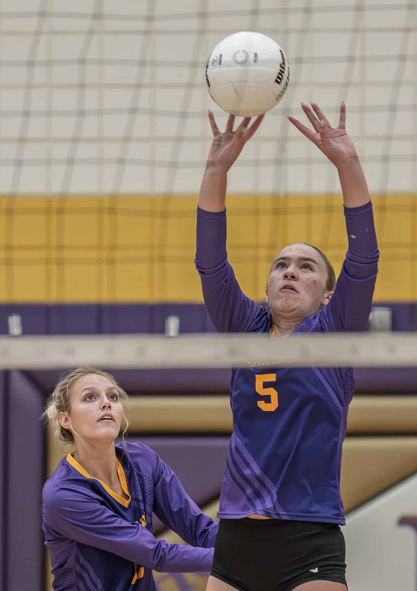 Hernando High, 5, Katie Charlow sets the ball in the 4A District 8 playoff match against Weeki Wachee High. [Photo by Joe DiCristofalo]