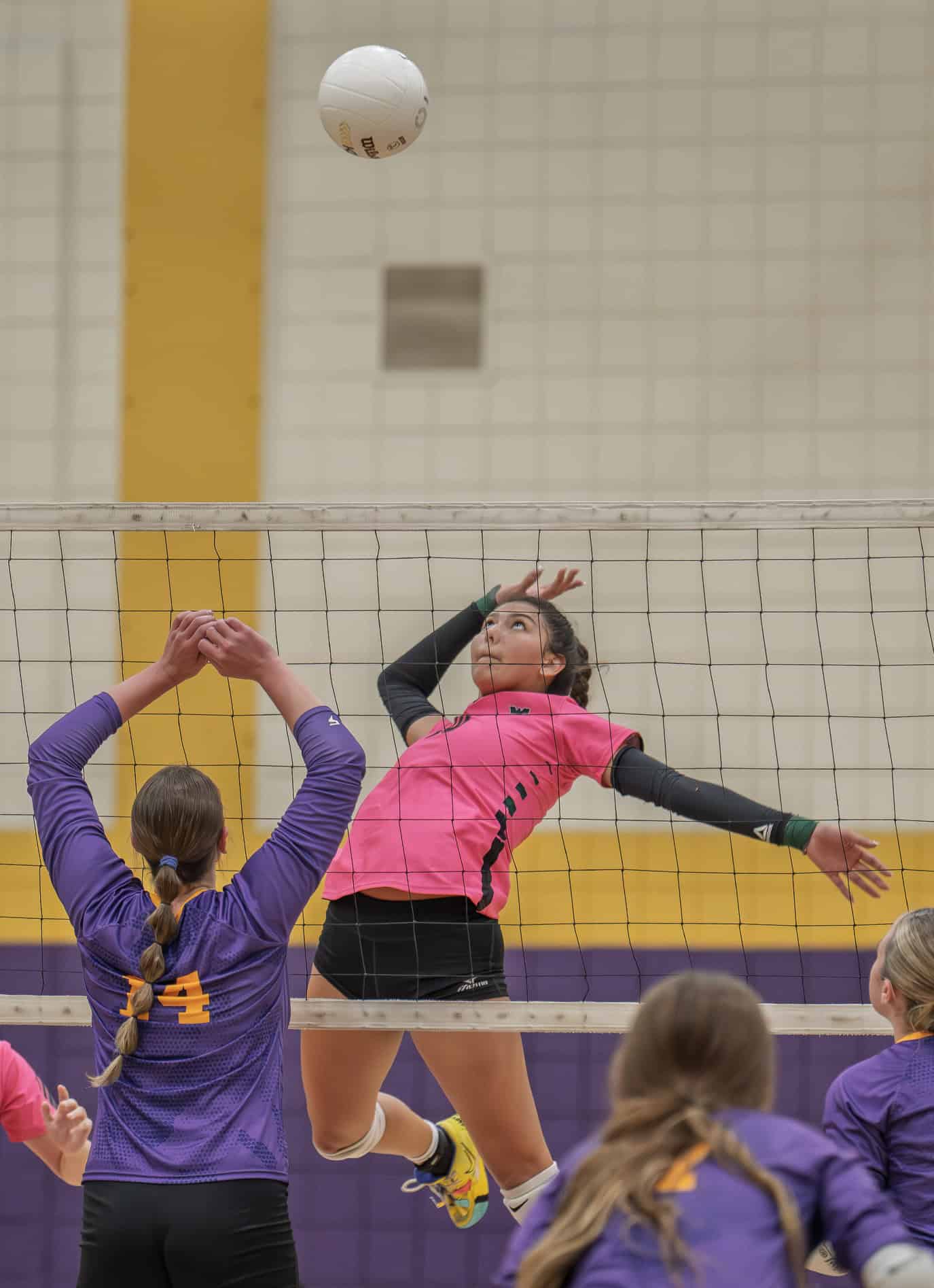 Weeki Wachee High, 10, Jadyn Aponte concentrates before hitting a kill shot in the 4A District 8 playoff against Hernando High. [Photo by Joe DiCristofalo]