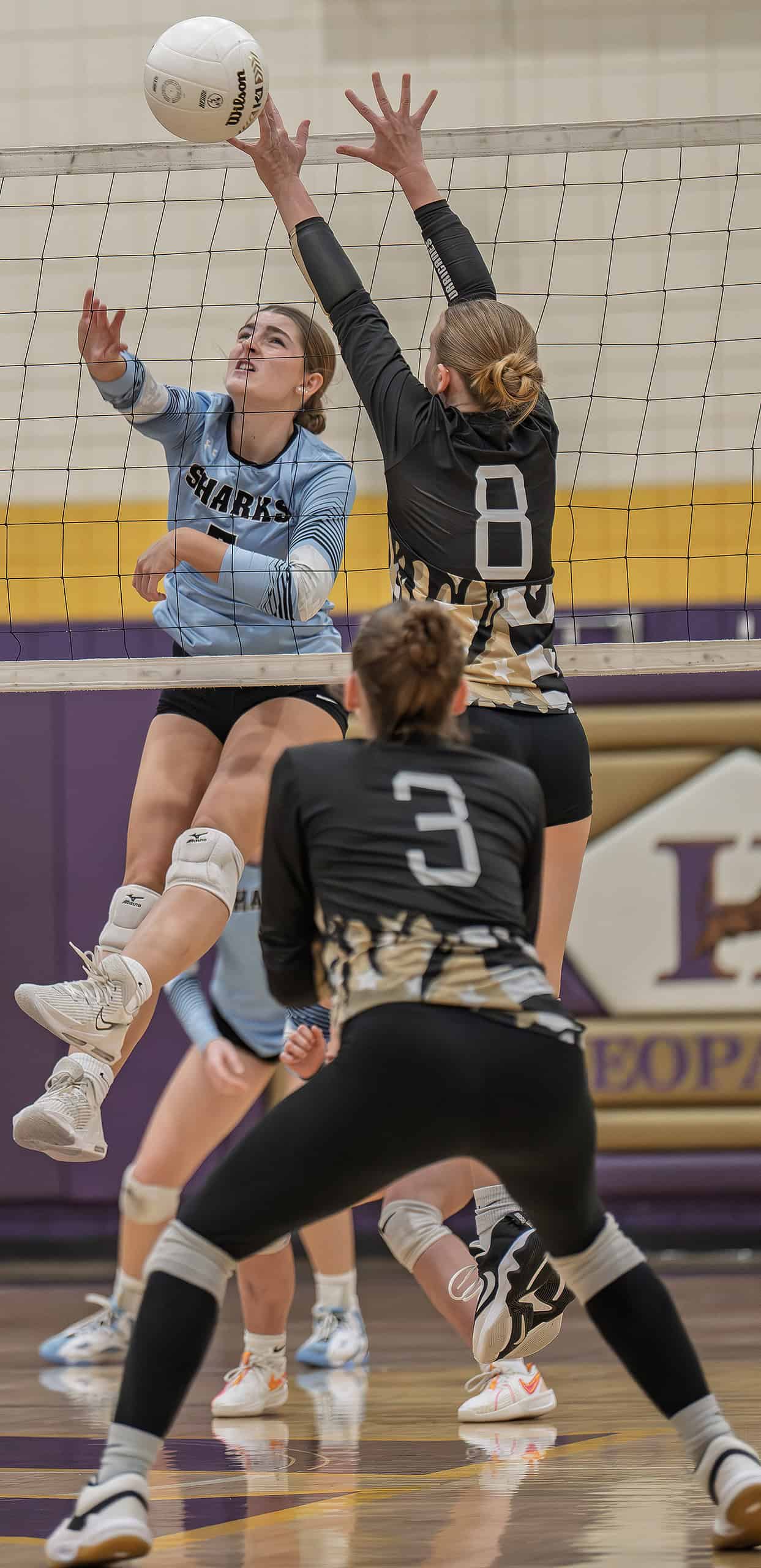 Nature Coast Tech, 5, hits past the defense in the 4A District 8 playoff match with Citrus High. [Photo by Joe DiCristofalo]