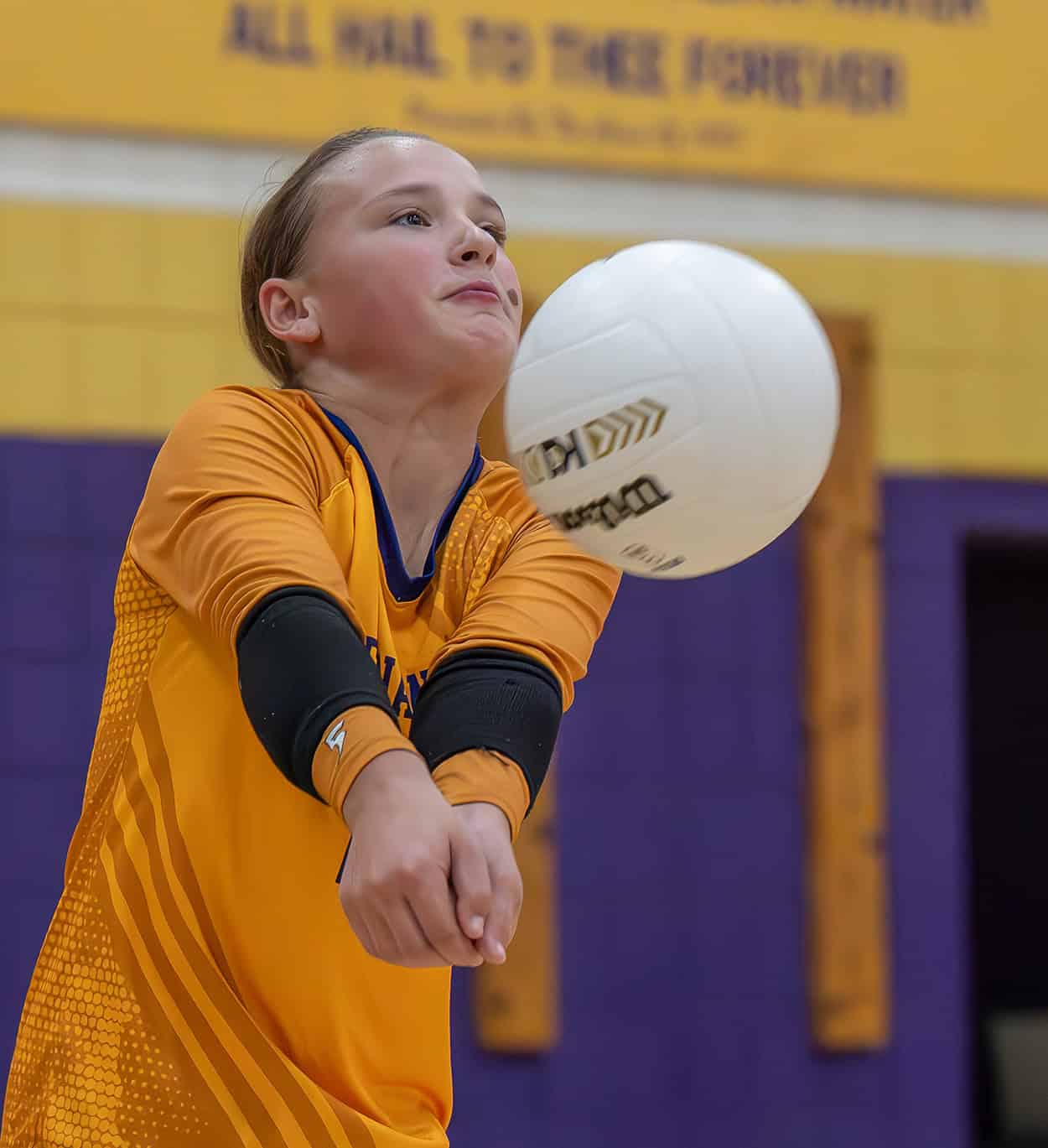 Hernando High ,2, Carlie Grant concentrates on returning a serve in the 4A region quarterfinal match with visiting Mt Dora High School Wednesday in Brooksville. [Photo by Joe DiCristofalo]