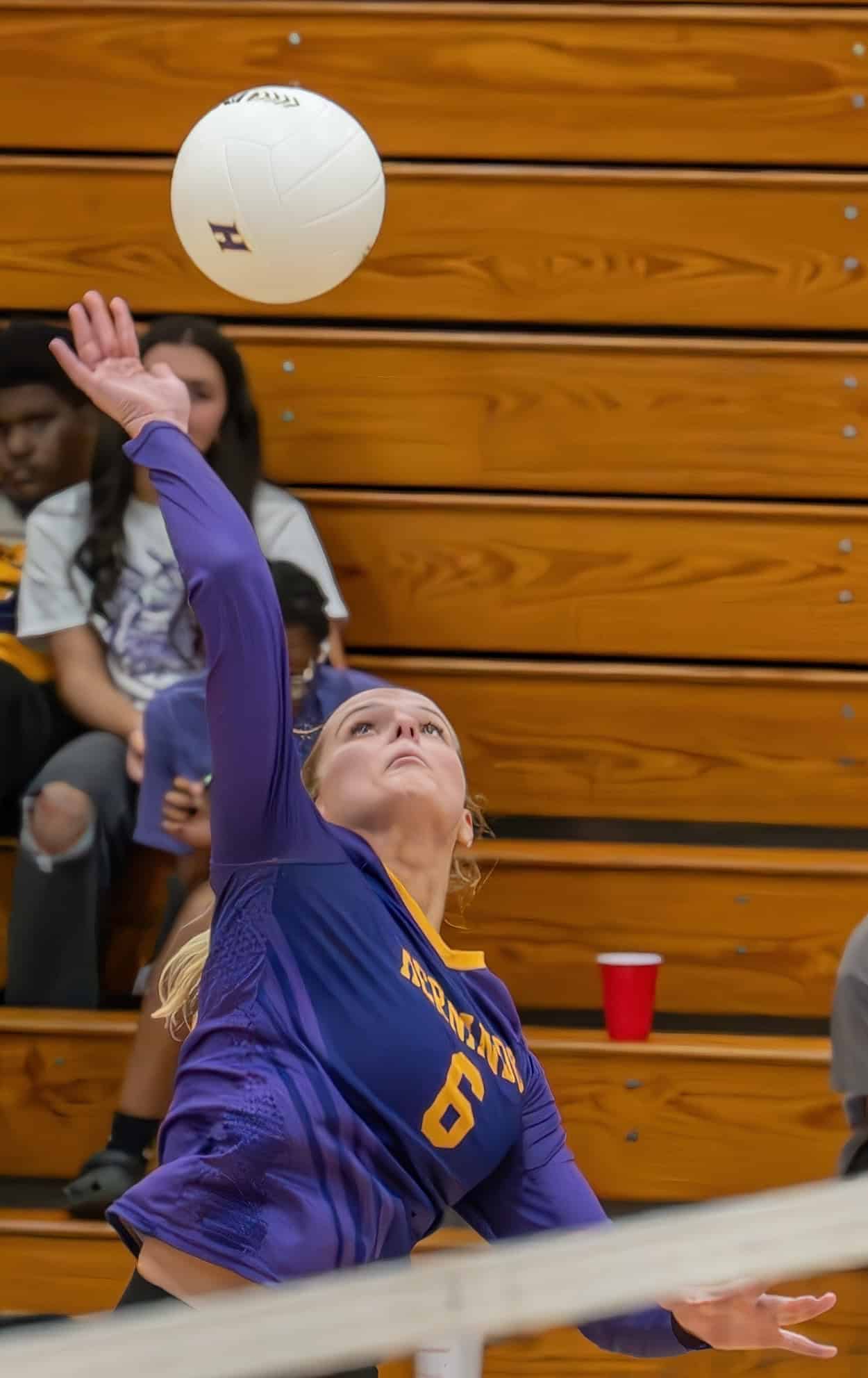 Hernando High ,6, Kaiya Ward elevates to hit a kill shot in the 4A region quarterfinal match with visiting Mt Dora High School Wednesday in Brooksville. [Photo by Joe DiCristofalo]