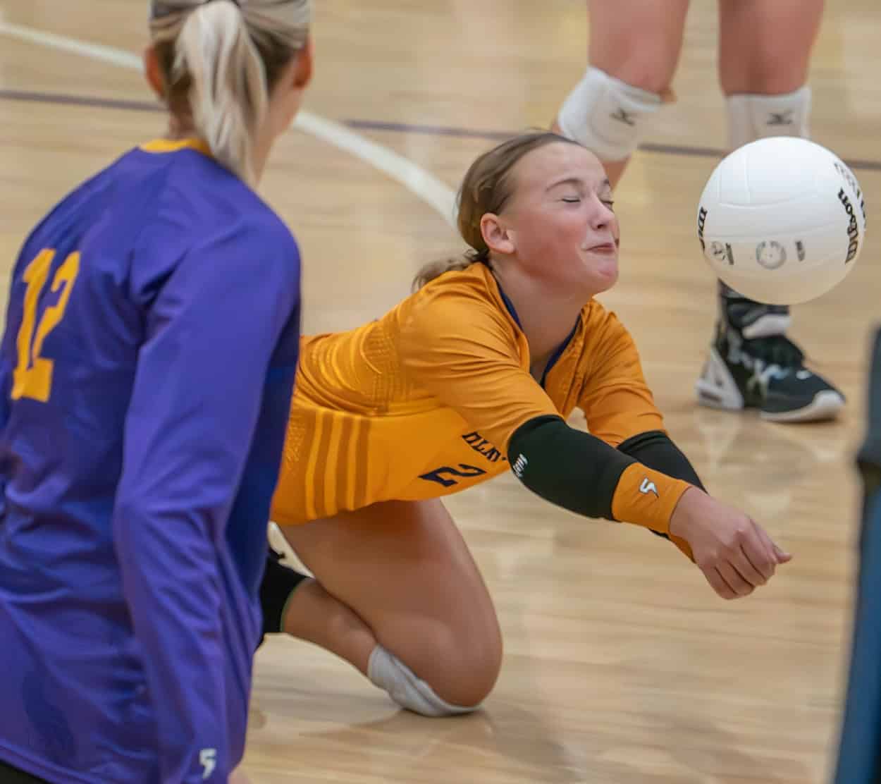 Hernando High ,2, Carlie Grant dives to dig a volley in the 4A region quarterfinal match with visiting Mt Dora High School Wednesday in Brooksville. [Photo by Joe DiCristofalo]