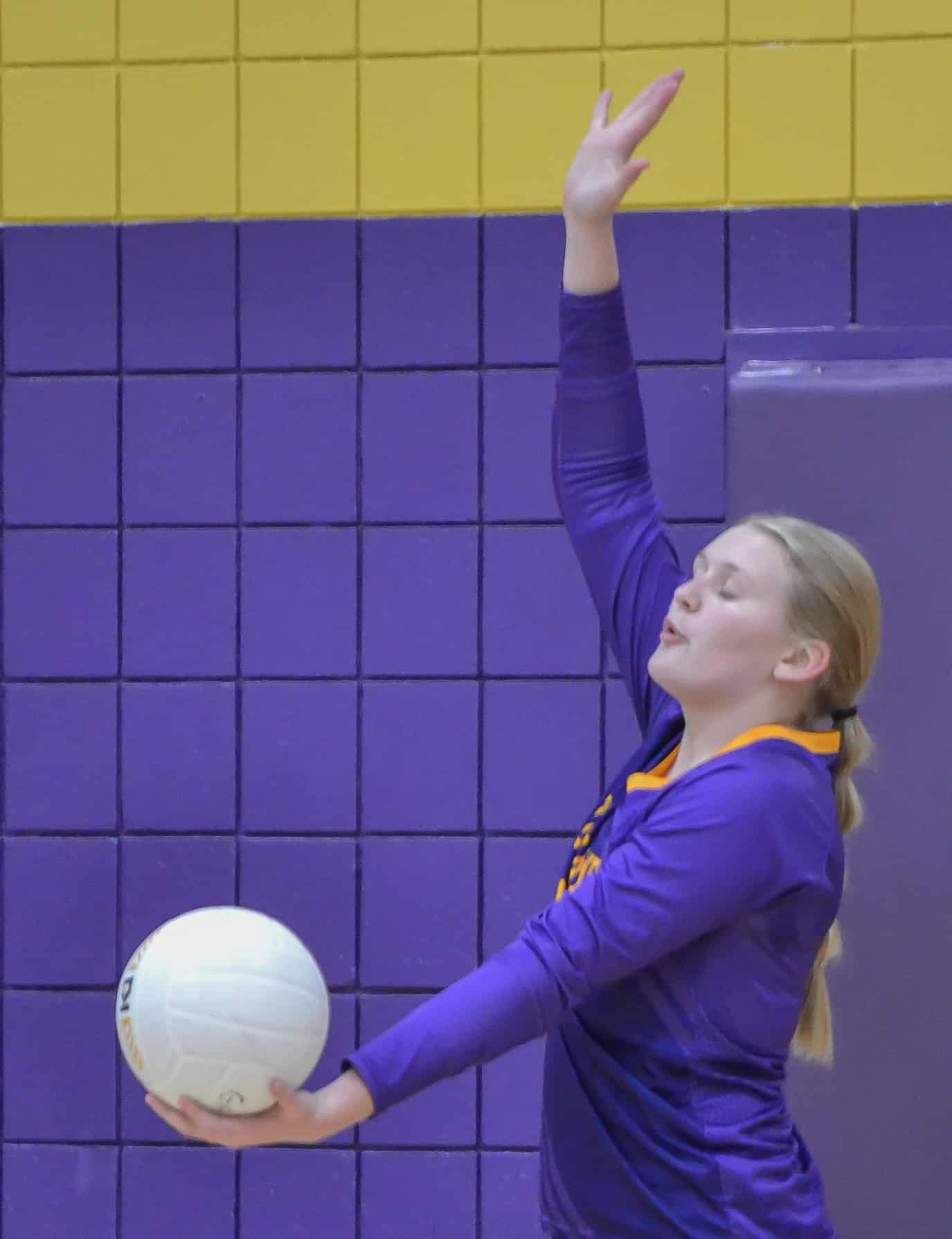 Hernando's Cordelia Blevins readies to serve against Nature Coast in Thursday night's District 4A-8 Tournament final. [Credit: Chris Bernhardt Jr.]