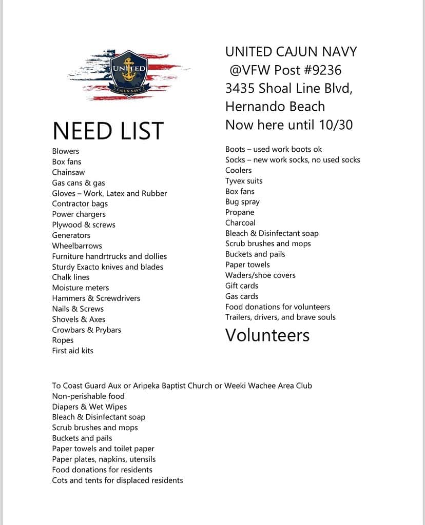 United Cajun Navy Needs List