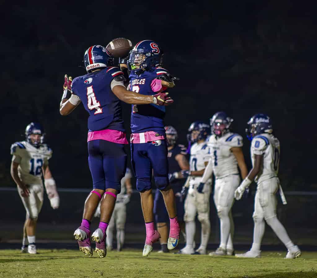 Springstead Eagles' Raul Maldonado and Connor Mccazzio celebrate after a touchdown. (Photo by Hanna Maglio)