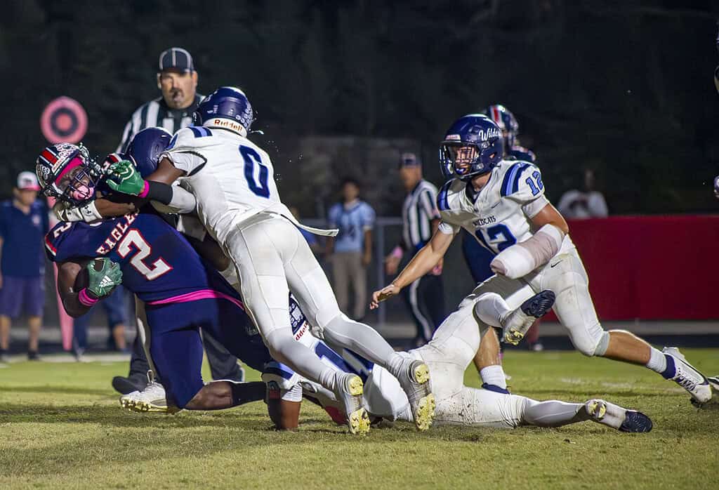 Wesley Chapel Wildcats players bring down Springstead's Tyree Davis. (Photo by Hanna Maglio)