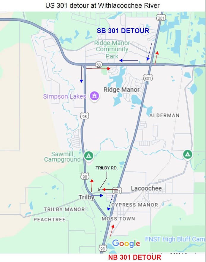 Detour 301 in Trilby due to flooding.