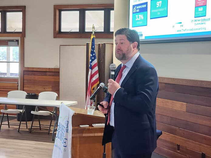 Andrew Wiggins, Senior Director, Political Affairs & Coalitions Advocacy at Florida Chamber of Commerce, speaks at the ahernando County Chamber of Commerce Breakfast. [Credit: Austyn Szempruch]