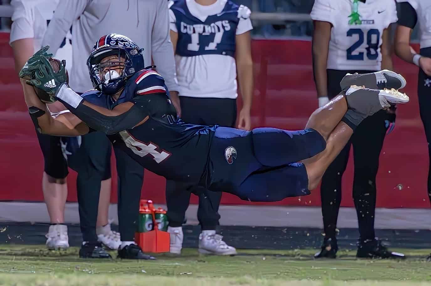 Springstead High, 4, Connor Mccazzio lays out for a catch attempt in the game versus Gaither High Thursday at Booster Stadium. The catch was ruled incomplete as he lost the ball with contact on the ground. [Photo by Joe DiCristofalo]