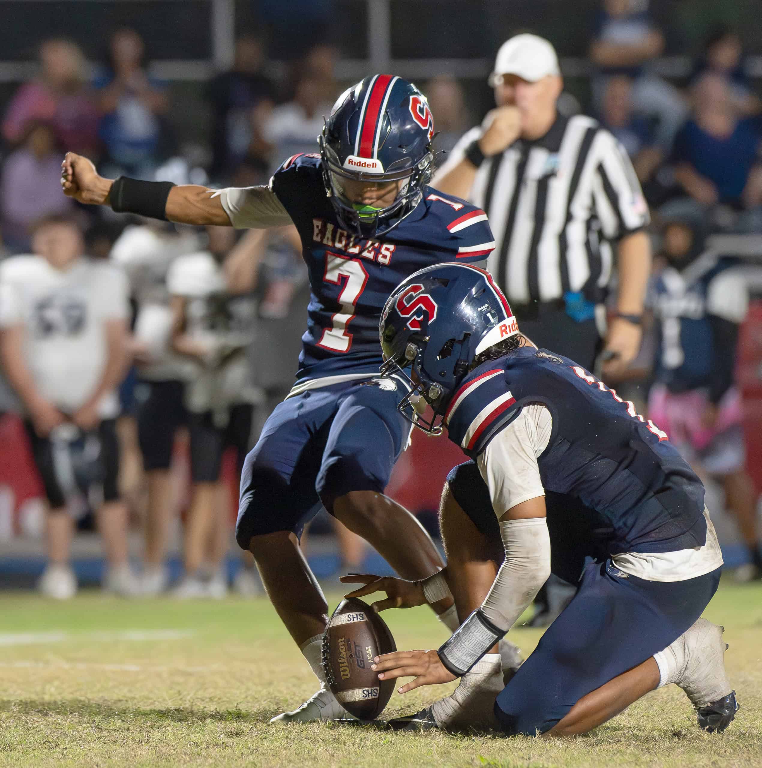 Springstead High placekicker ,7, Raul Maldonado connected for three points Thursday against Gaither High at Booster Stadium. [Photo by Joe DiCristofalo]