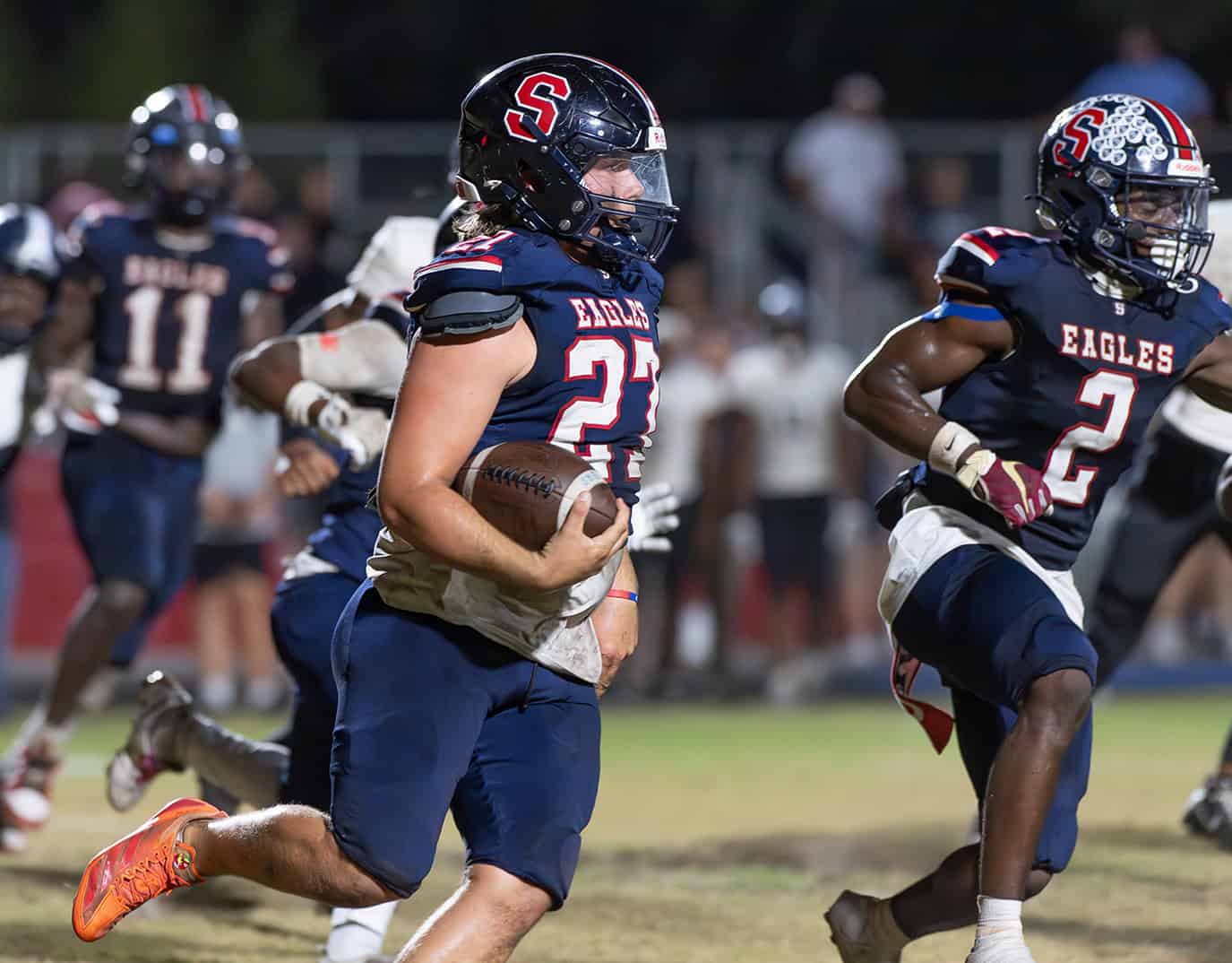 Springstead High, 27, Dalton Williams springs a long gain on a kickoff return Thursday against Gaither High at Booster Stadium. [Photo by Joe DiCristofalo]