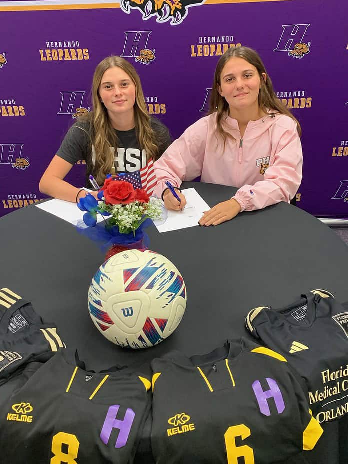 PHSC's two new signees, Skyla McCorts (front left) and Annabelle (front right), will join Serena Huber (back left) and Jackie Cuevas (back right) with the Bobcats next season. [Photo by Hernando Head Coach David Shrader]