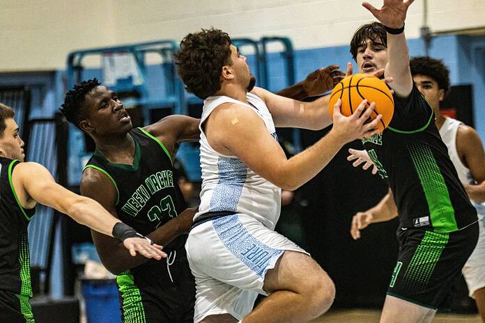 NCT Senior, Jeremy Gonzalez, eyes the basket on Friday night, Dec. 13, 2024 against Weeki Wachee. [Photo credit: Austen Aupperlee]