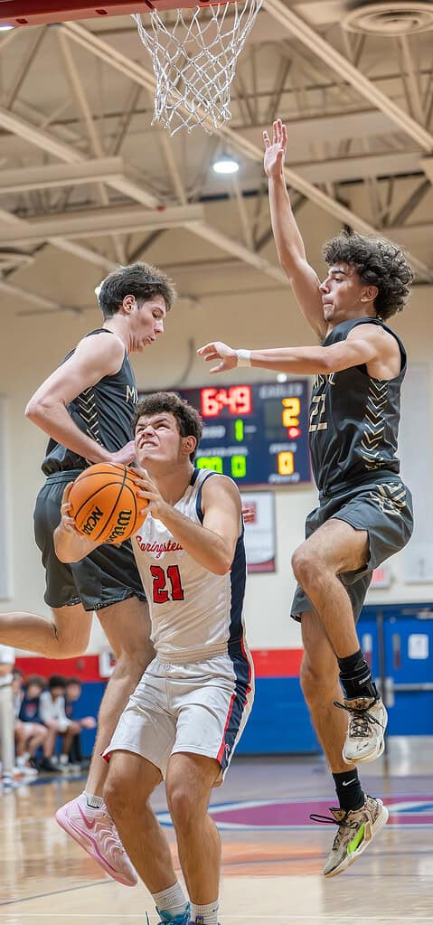 Springstead High's, 21, Jamin Pond looks to put up points in the game with visiting Mitchell High. [Photo by Joe DiCristofalo]