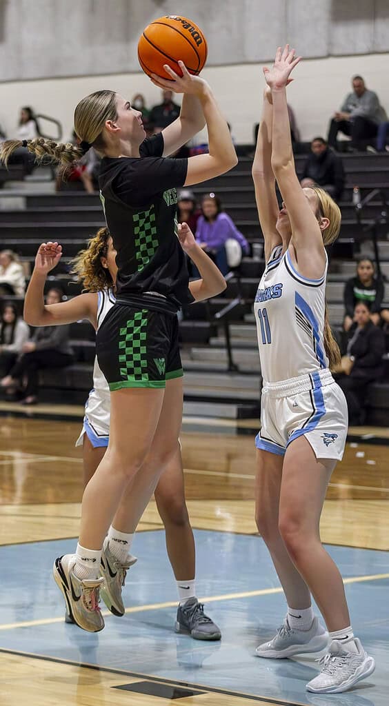 WWHS player Reese Halter, 0, jumps to shoot the ball at Nature Coast Technical High School in Spring Hill, Fla., on Thursday, December 12, 2024.