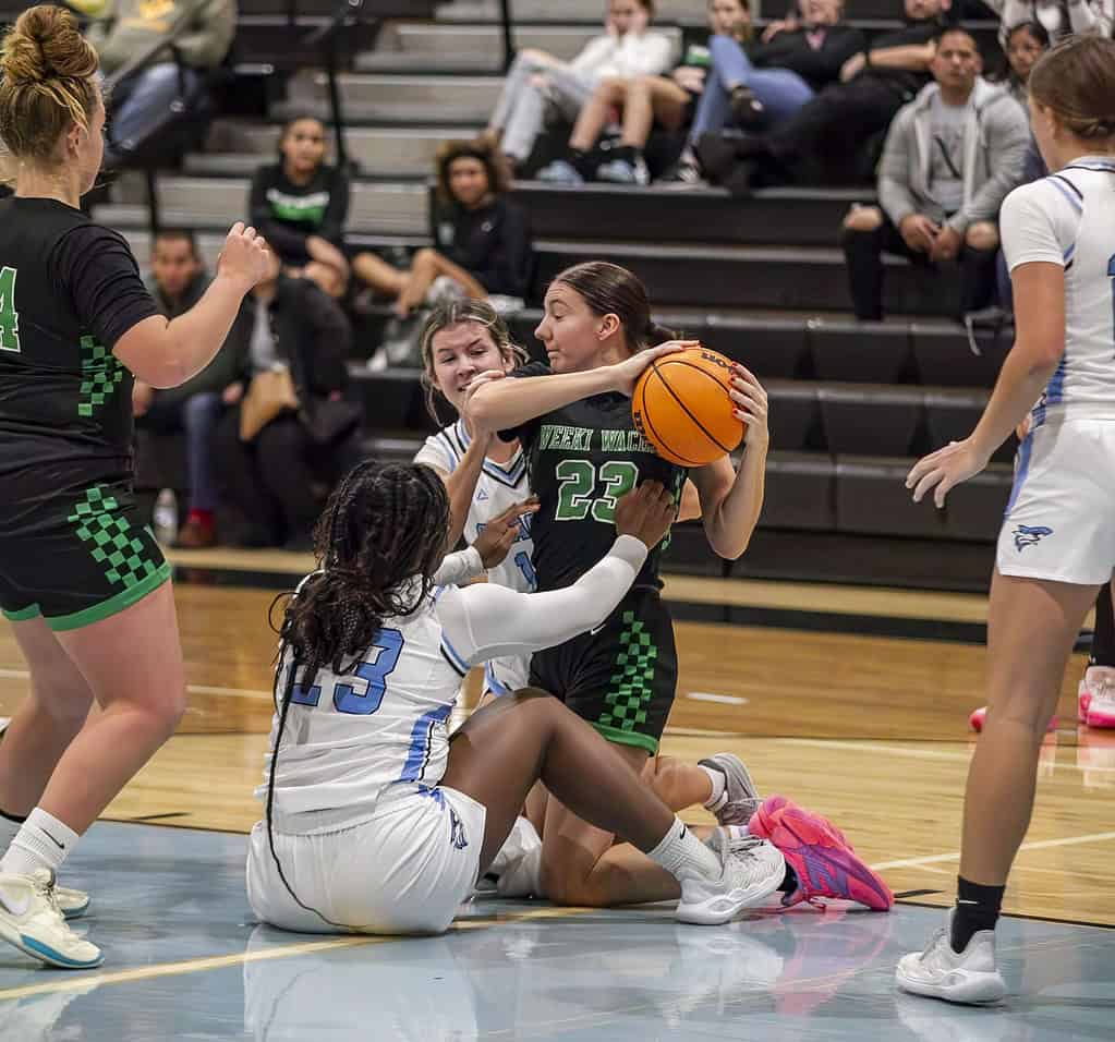 WWHS player Rashell Nelles, 23, and NCT's Jaida Grier fight over the ball at Nature Coast Technical High School in Spring Hill, Fla., on Thursday, December 12, 2024