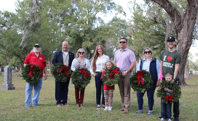 Volunteers, local and state officials with the Christmas wreaths. [Courtesy of the City of Brooksville Parks and Recreation Dept.]